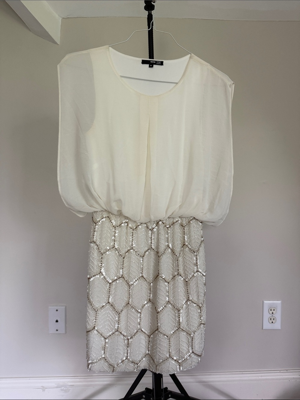 TFNC London cream beaded chiffon mini dress M
